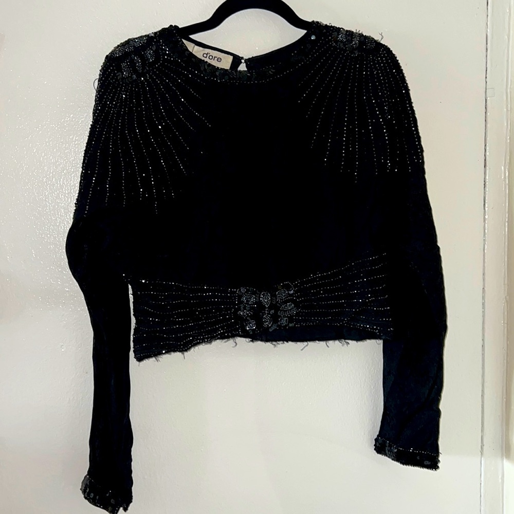 Vintage Beaded Black Open Back long Sleeve Crop Top